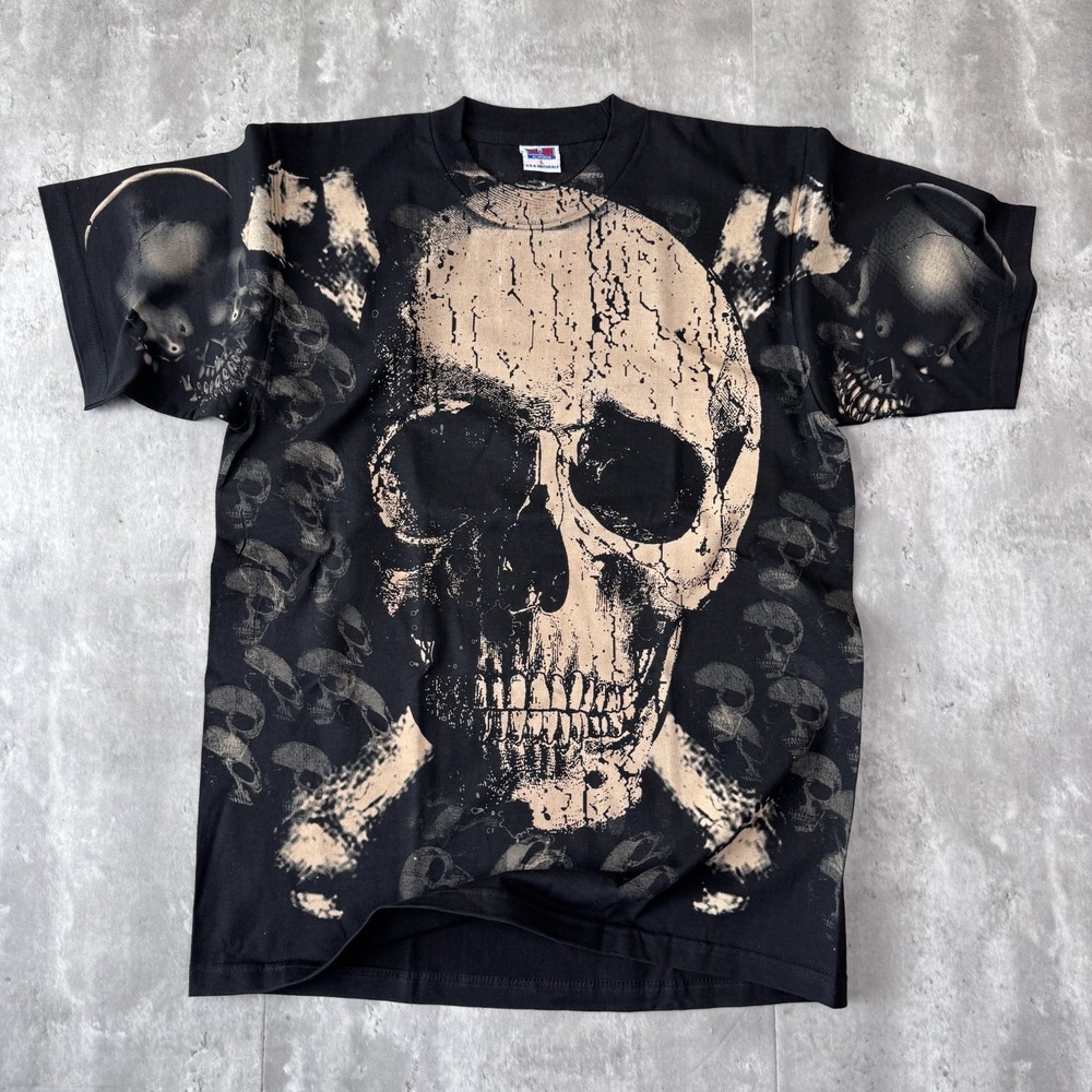 Vintage Skull and Bones T-Shirt Mens L AOP Biker Goth Punk Mexican Bootleg - Picture 1 of 7
